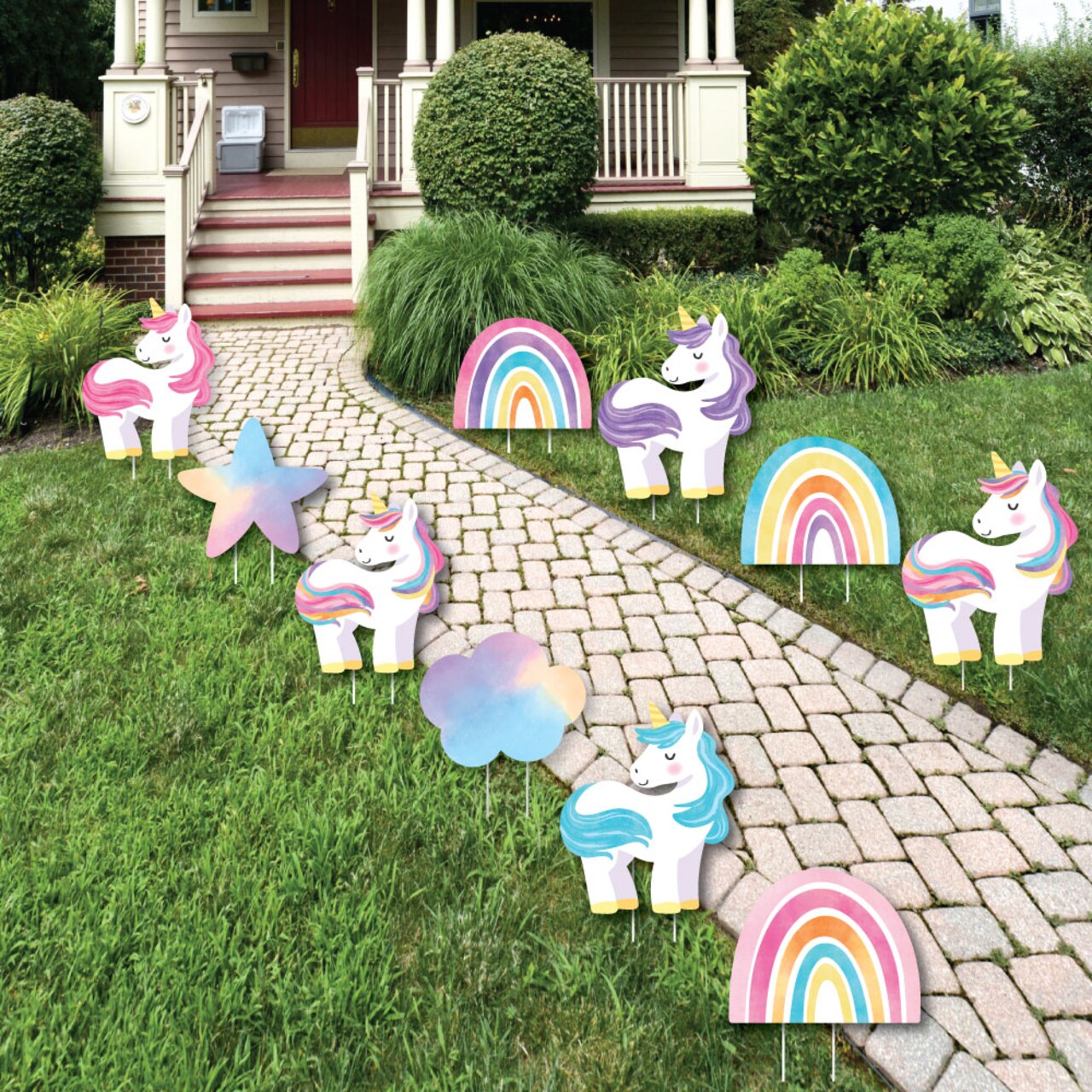 Big Dot of Happiness Unicorn Outdoor Decorations, Rainbow Birthday Party Lawn Ornaments, Unicorn Yard Signs with Stakes - 10 Piece Set